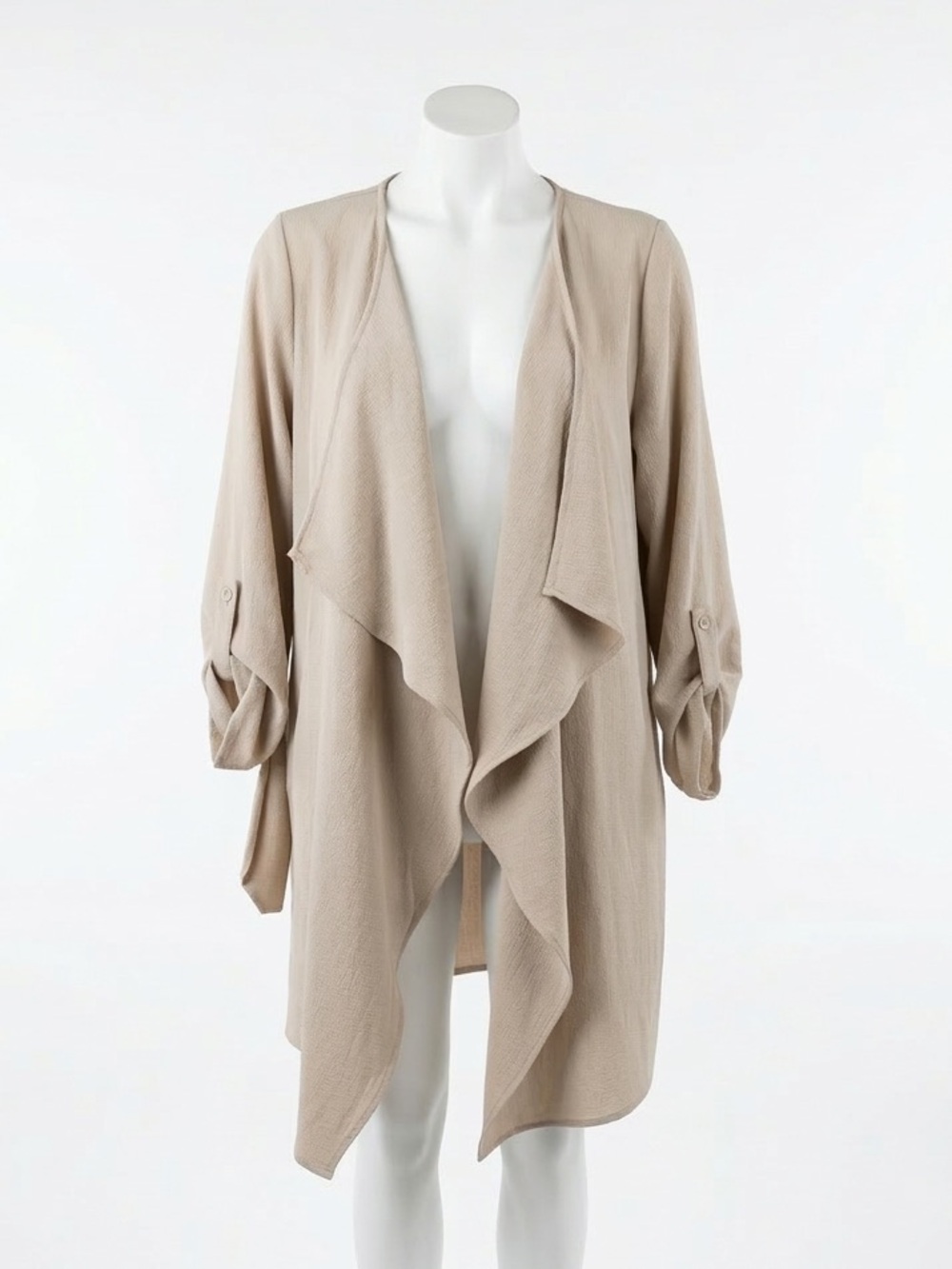 Timing Beige Draped Open Front Duster Cardigan Roll Tab S